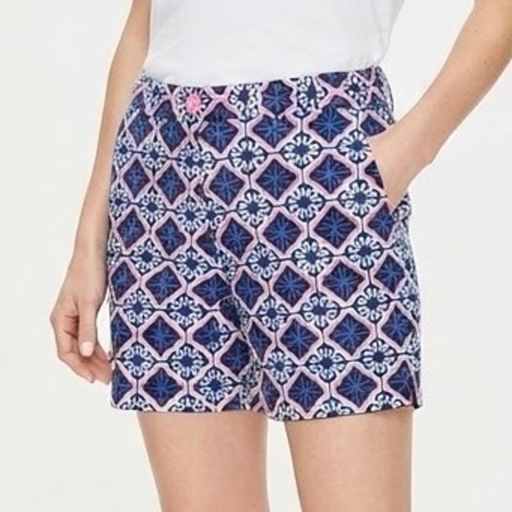 Boden Blue Tile Print Flat Front Chino Bermuda Walking Shorts Size US 16 UK 20